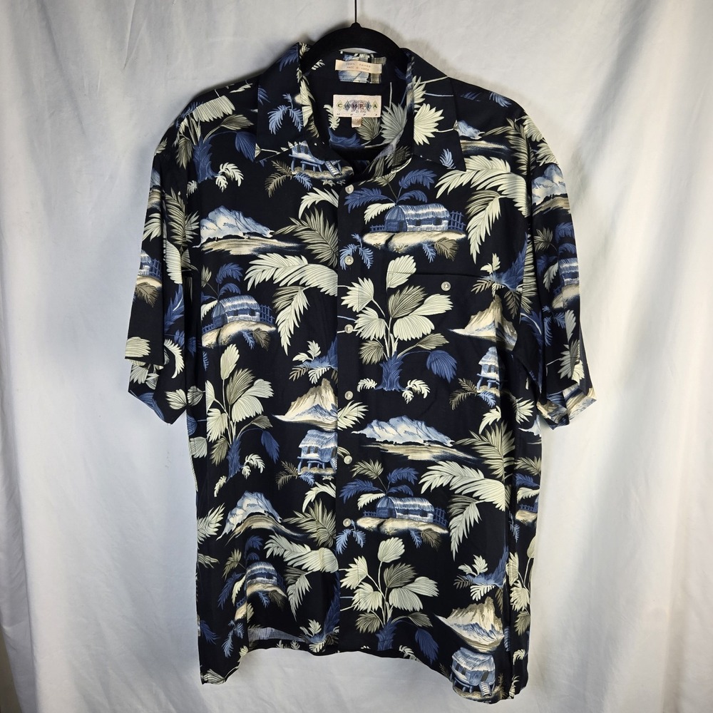 Vintage Campia Moda‎ Men Medium Navy Tropical Floral Rayon Short Sleeve Shirt